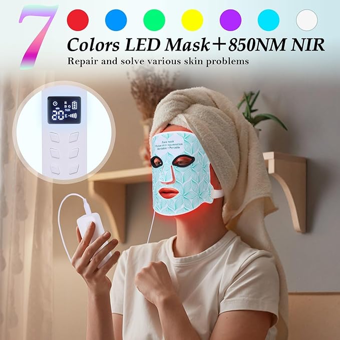 Red Light Therapy for Face 8 Colors LED Face Mask Light Therapy with 850NM Near-infrared 3000 mAh Rechargeable Red Light Therapy Mask Skin Care Device at Home and Travel for Anti-Aging