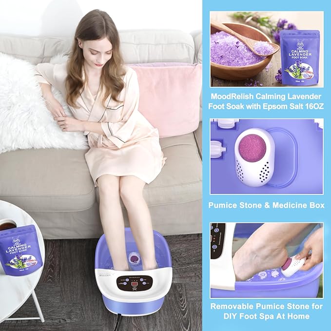 Foot Spa Bath Massager with Heat Bubbles and Vibration Massage and Jets 16 OZ Calming Lavender Foot Soak Epsom Salt MoodRelish Foot Soaker With Red Light 22 Massage Rollers Adjustable Temp -Purple