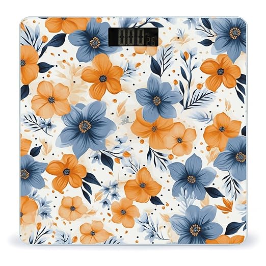 Blue and Orange Flowers on White Background Bathroom Scale for Body Weight Bathroom Weighing Scale with Backlit LCD Display Highly Accurate Measures Weight Up to 180kg