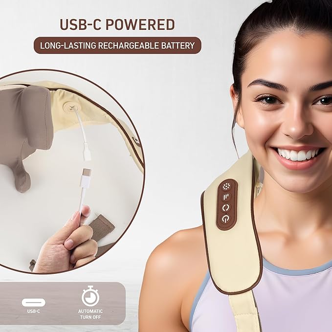 FIRSTHEALTH Neck and Shoulder Massager with Heat Deep Tissue Shiatsu Back Massager USB-C Rechargeable Kneading Massage for Pain Relief Gifts for Men Women