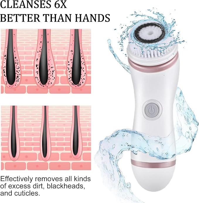 Facial Cleansing Brush 4 in 1 Electric Face Scrubber with Travel Case and 4 Brush Heads Waterproof Facial Cleansing Spin Brush for Gentle Exfoliation and Deep Cleaning (Pink)