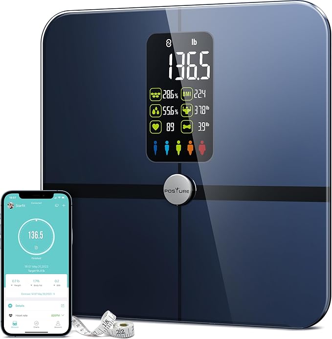 Posture Body Fat Scale Extra Large Display Digital Bathroom Wireless Weight Scale Composition Analyzer with Heart Rate Heart Index &amp Body Shape Index with Free APP 400Lb Black