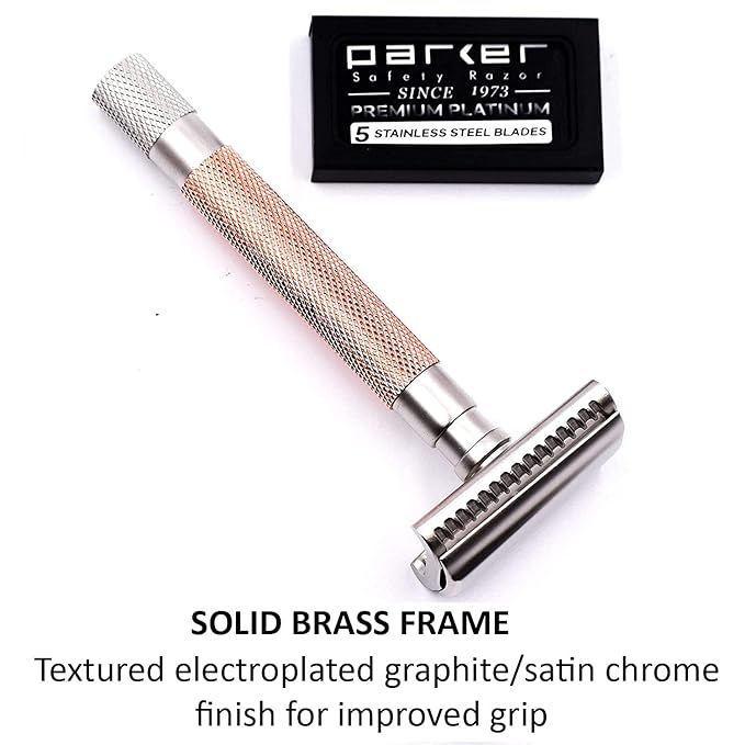 Parker Semi-Slant Safety Razor – Rose Gold Finish | Elegant DE Razor for Women &amp Men with Sensitive Skin | Slanted Head + 5 Parker Blades for Smooth Results | Iconic Brand