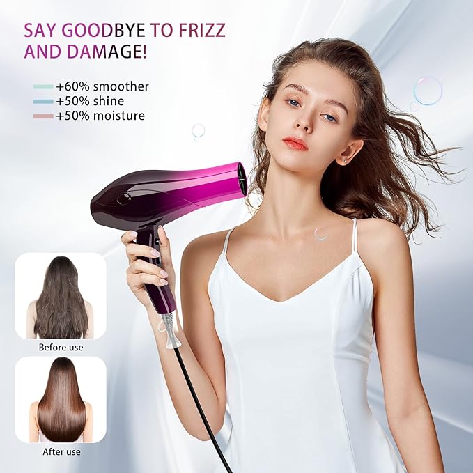 Ionic Hair Dryer2400W Negative Ion Low Noise Hair Dryer Professional Fast Drying Hair Dryers with 2 Speeds 3 Heat Settings Cooling Buttonwith Diffuser for Curly and Straight Hair（Crimson Fade）