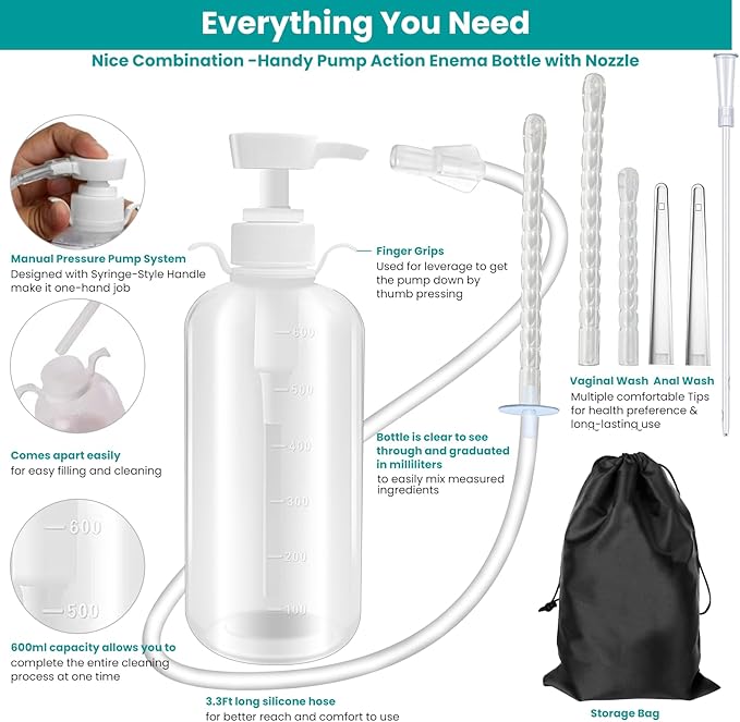 600ml Feminine Wash Enema Pump Bottle Kit 6Pcs Enema Nozzle Tips for Coffee Colon Cleansing Men Women Anal Vaginal Douche Flush Spray Intimate Shower Irrigator Cleanser Enema Bucket Kit Hand Press