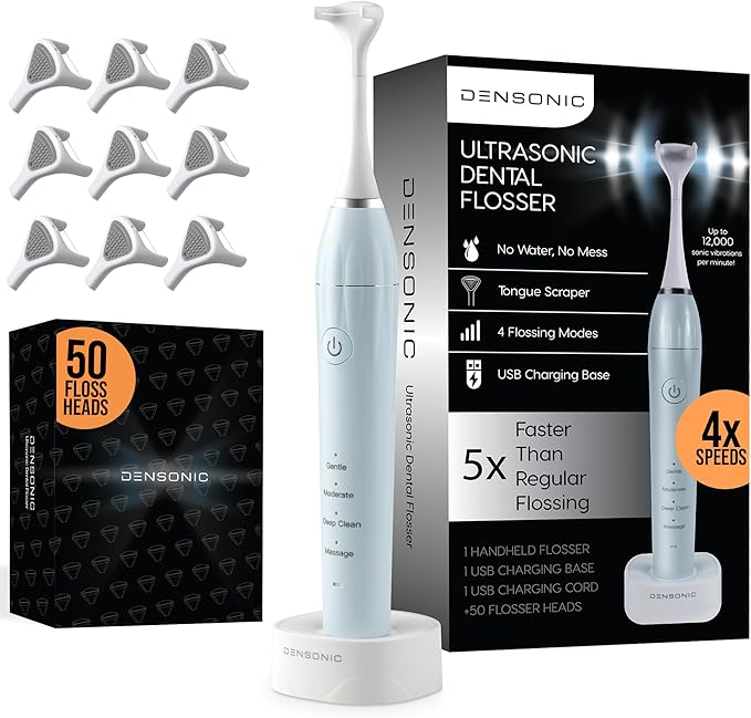 Electric Flosser Kit with Tongue Scraper | No Water No Mess | Easy Gliding Dental Floss for Gentle Gum Care | Cordless Sonic Power | 50 Replaceable Heads [Celeste Blue]