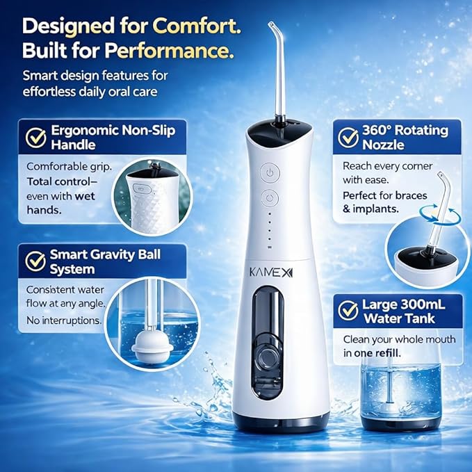 KAMEX Cordless Water Dental Flosser for Teeth Cleaning: Portable Oral Irrigator with 300ML Tank 4 Cleaning Modes Rechargeable IPX7 Waterproof Travel Water Flosser for Sensitive Gums Braces