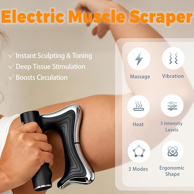 Electric Muscle Scraper Tool with VibrationMassage&amp Heat Portable Gua Sha Massager for Full Body Muscle Recovery Relaxation and Pain Relief (Black)