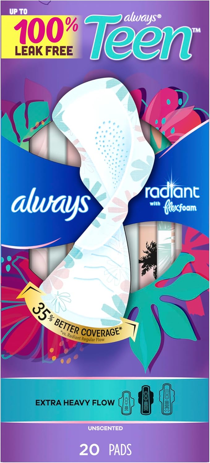 Always Radiant Teen Pads Size 3 Extra Heavy with Wings Unscented60 Count (Pack of 2)