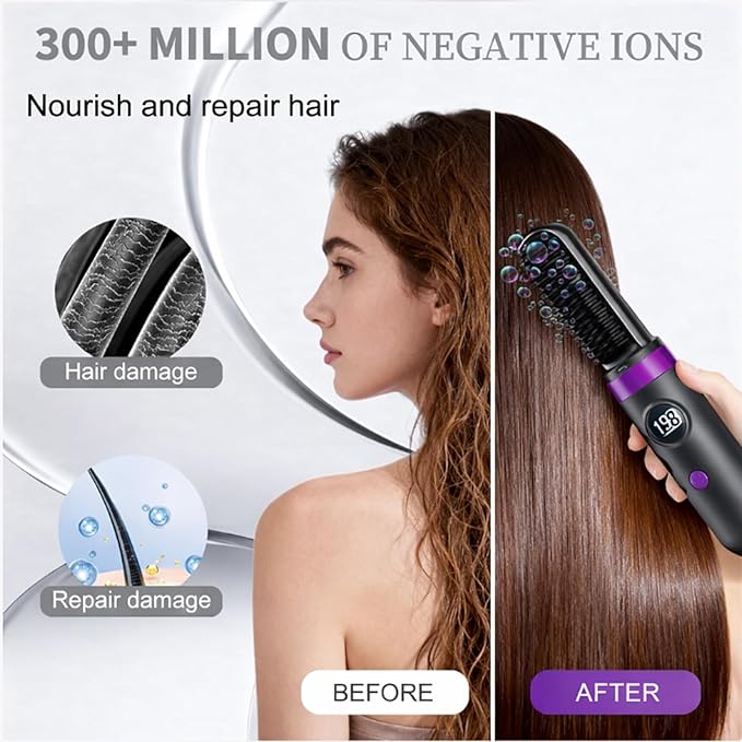 2026 New Cordless Hair Straightener Brush Portable Rechargeable Straightening Comb with LCD Display 3 Temperature Settings Fast Heating Anti-Frizz Hair USB Rechargeable Travel Hair Brus（Black）
