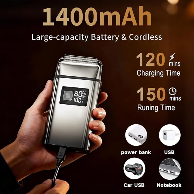 Electric Foil Shaver for MenElectric Razor with Pop-up TrimmerCordless Beard TrimmerWaterproofWet &amp Dry ShavingLED Display2-Speed Mode (Silver)