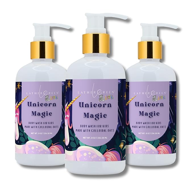 Kids Body Wash – Plant Based Gentle Moisturizer with Shea Butter – Safe for Sensitive Skin – Unicorn Magic – 3 Pack (8 oz Each)