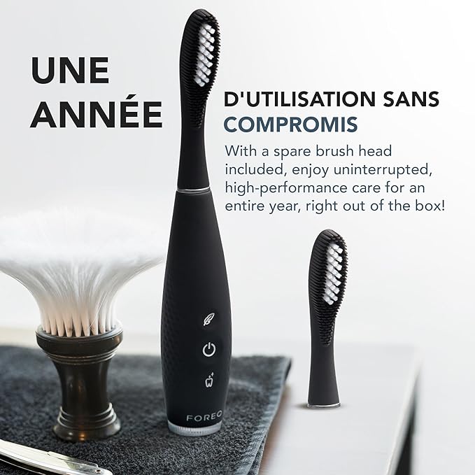 FOREO ISSA 4 Plus Sonic Electric Toothbrush - 4-in-1 AI-Guided Rechargeable Toothbrush Bundle with Extra Silicone &amp Polymer Hybrid Brush Head Soft Bristles Whitening Teeth - Black