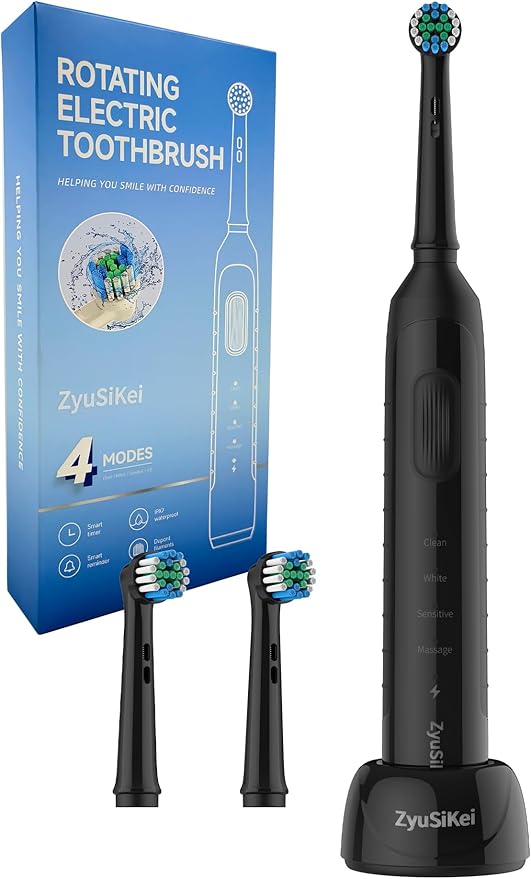Rotating Electric Toothbrush for Adults with 4 Modes Round Head and USB Charging Base - for Sensitive Gums IPX7 Waterproof (Black)