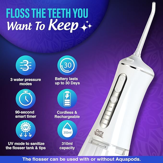 GuruNanda Advanced Dental Water Flosser 3.0 with UV Mode Water Flosser &amp 24 Aquapods with Mouthwash for Fresh Breath &amp Plaque Removal Compact &amp TSA-Friendly