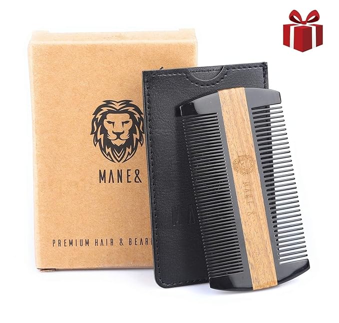 Premium Natural Ox horn and Sandalwood Beard Comb Dual-Action | Double Sided Beard &amp Mustache Comb with Black Protective Case | Perfect Grooming Companion &amp Gift for Men – by Man &amp Mane