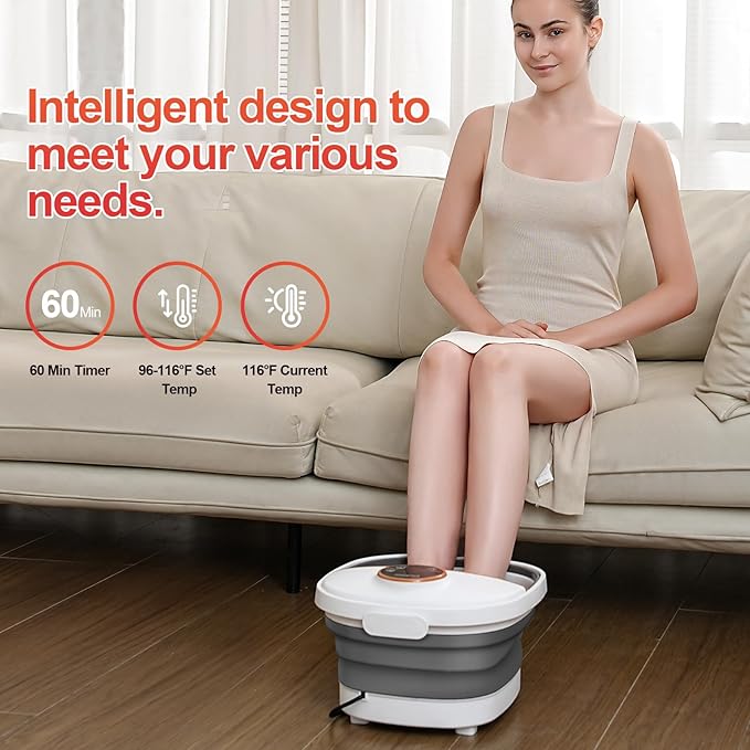 Collapsible Foot Spa Bath with HeatFoot Massager with Two Side SupportsLeakage ProtectorTemperature ControlBubblesRed LightTimer Feet Spa TubFeet SoakerGifts (White)