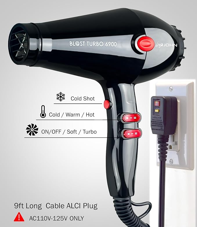 JOHN Professional Hair Blow Dryer Fast Drying Powerful 2200W Ionic for No Damage to Hair Blast Turbo 6900 Black