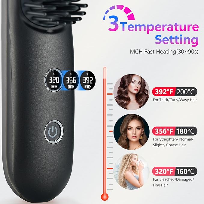 LCD Screen Cordless Hair Straightener and Curler 2 in 1 Rechargeable Portable Mini Travel Negative Ionic Hair Straightening Brush for Women Fast Heating Hot Comb for Women Black
