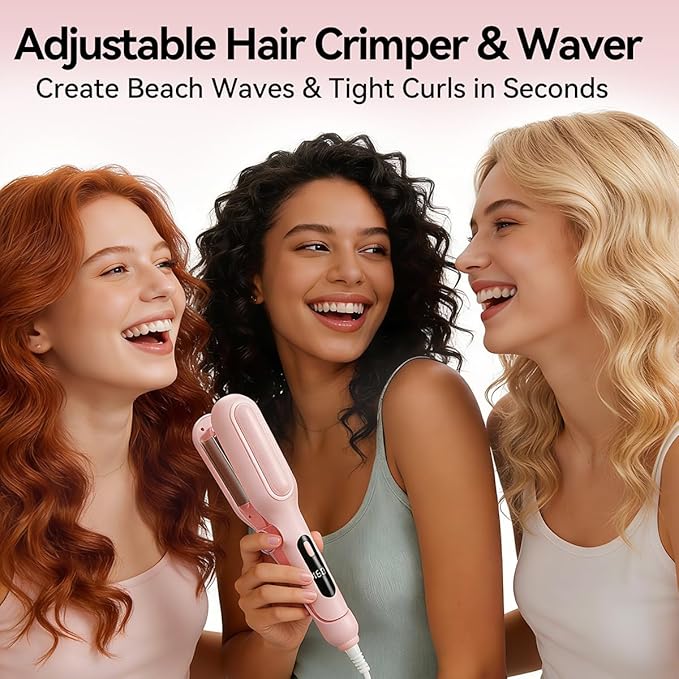 Adjustable Curling Iron Hair Crimper for Women - 1&amp1.25 Inch Waver Tool Creates Beach Waves &amp Tight Curls Anti-Scald Fast Heating Dual Voltage&ampTravel Hair Brush