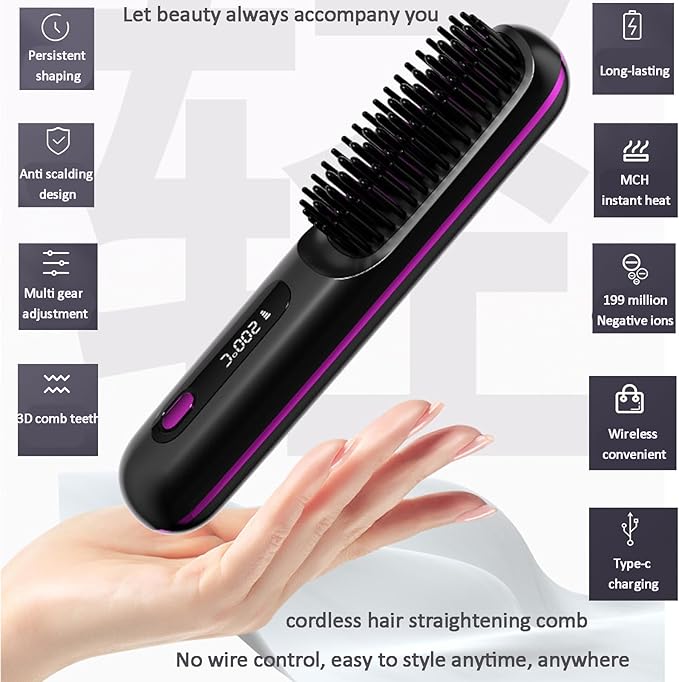 Cordless Ceramic Heated Electric Wireless Hair StraightenerPortable LCD Hair Straightening CombUSB Rechargeable Negative Ion Hot Comb Hair BrushWhite