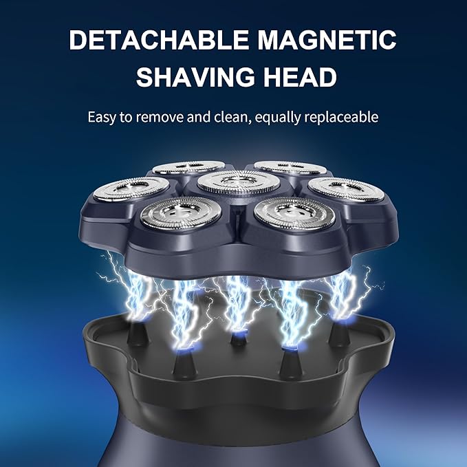 Upgraded 7D Head shavers for Bald MenBald Head Electric RazorsWaterproof Dry Wet Rotary Shavers/Razor for Balder with an Extra agnetic Head（Blue）