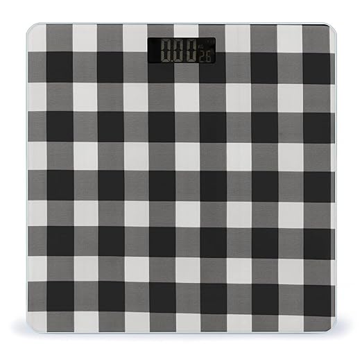 Black and White Plaid Scale for Body Weight Anti-Slip Tempered Glass Digital Bathroom Scales Clear LCD Display Weighing Scale Safe Rounded Corners Smart Scales