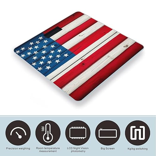 Women's Digital Bathroom Weighing Scale Automatic Switch Energy Saving Scale Smart Scale for Body Weight Vintage Wooden American Flag