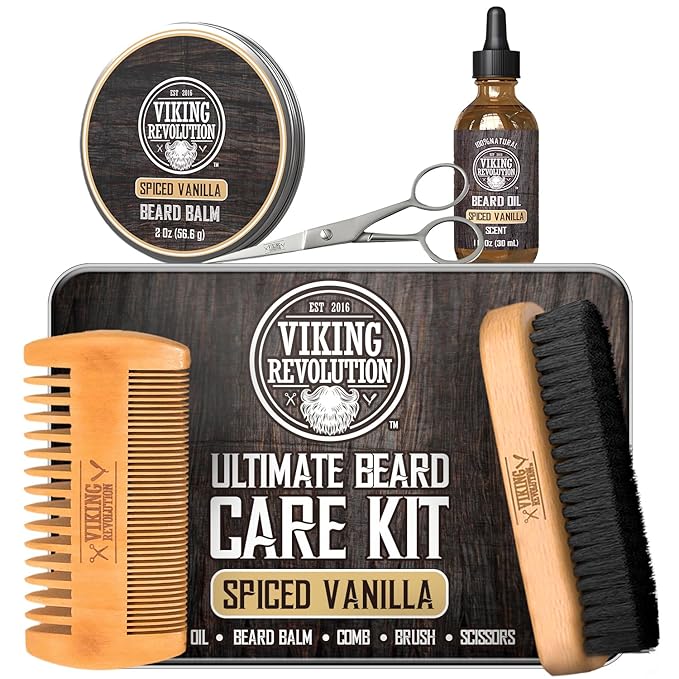 Viking Revolution - Ultimate Beard Kit Spiced Vanilla - Beard Grooming Kit for Men with Beard Brush Beard Comb Beard Balm Beard Oil Beard and Moustache Scissors - Husband Gifts for Men
