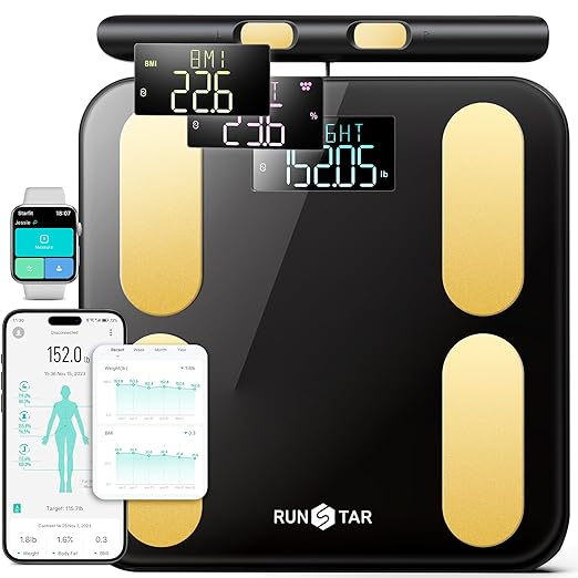 RunStar Scale for Body Weight and Fat BMI Muscle Mass to 28 Body Composition FSA&ampHSA Eligible Digital Bathroom Scales 8-Electrode with Voice Prompt High Accurate Bluetooth Weight Scale Gold