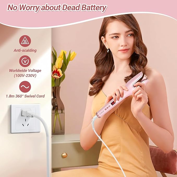 Hair Curler Automatic Rotating - Ceramic Curling Iron Automatic with 17 Temps &amp 3 Timer Settings &amp 1 Large Rotating Barrel Anti-Tangle/Scald (Pink)