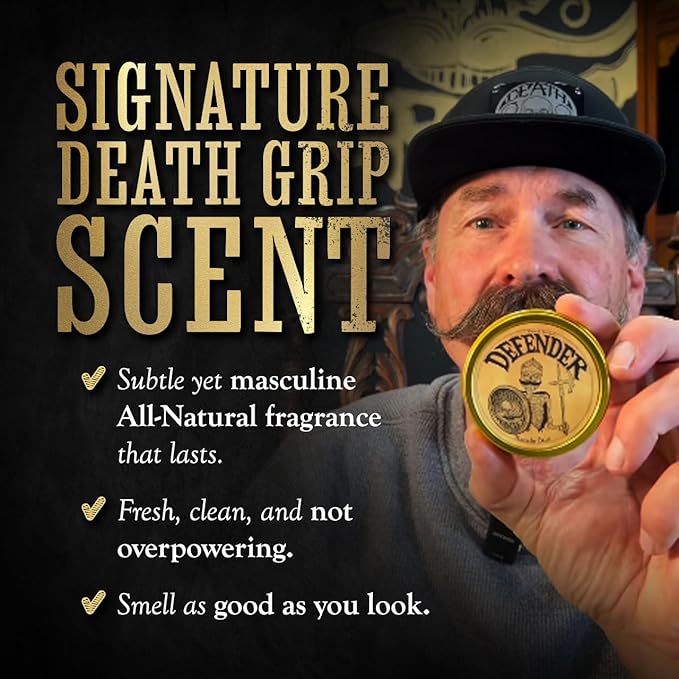 Defender Mustache Balm 1 oz Tin &amp Necklace Death Grip Mustache Comb Mens Combo Kit - Grooming For Men Handlebar Moustache