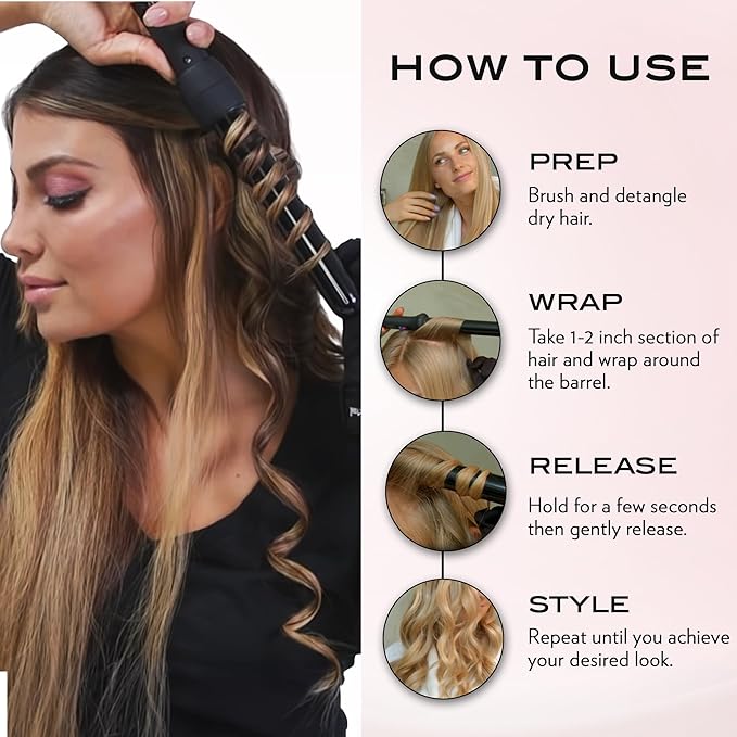 NuMe Classic Ceramic Curling Wand - Tourmaline 1.25 Inch Barrel Hair Curler Negative Ion Conditioning Far Infrared Heat - All Hair Types - Blush