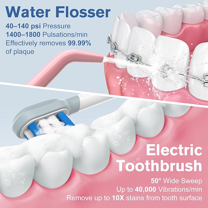 Leominor 3-in-1 Water Flosser &amp Electric Toothbrush Combo – Cordless Oral Irrigator with 235ml Large Tank5 Modes IPX7 WaterproofFreshening Stripsfor TeethGumsBracesHome &amp TravelPink