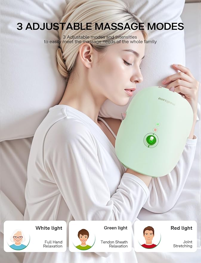 Medisana Hand Massager with Heat and Compression Cordless Hand Massager for Arthritis and Carpal Tunnel Relief Knuckle Stretching Massage Birthday Christmas Gifts for Men Women Dad Mom-Green