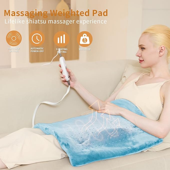 SAROO Heating Pad for Back Pain ReliefMassaging Weighted Heating Pads for Neck ShoulderCrampPortable Heated Pad with 3 Heat Settings &amp 6 Massage18 Relaxing CombinationsAuto Off12*24Sky B