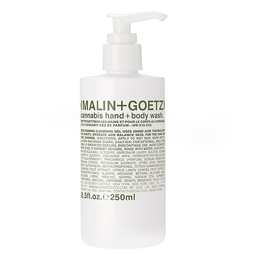 MALIN+GOETZ Hand + Body Wash | Gentle Foaming Cleanser with Botanical Extracts and Amino Acids | Hydrating pH-Balanced Unisex Scent | Vegan &amp Cruelty-Free (Eucalyptus Bergamot Rum Cannabis)
