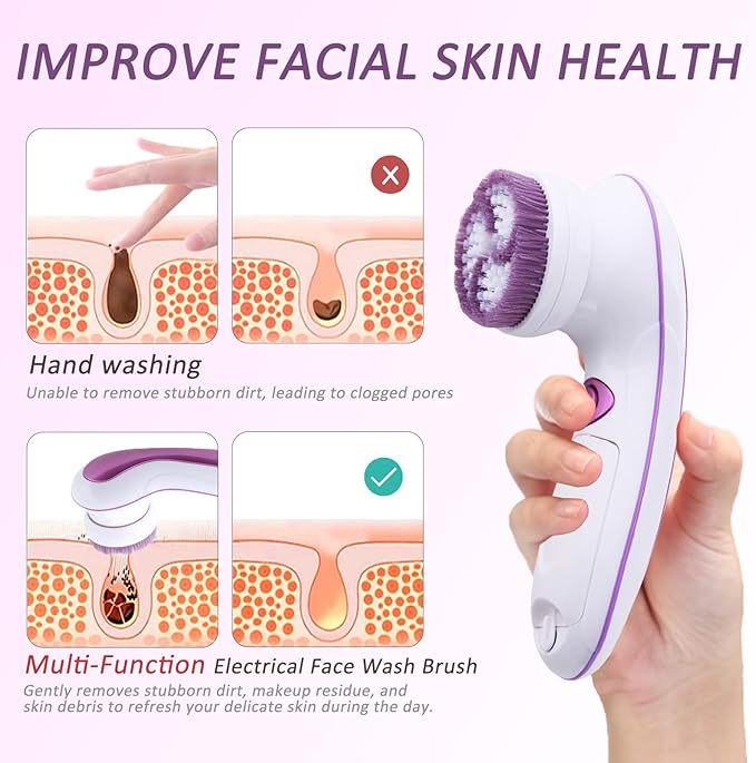 5 in 1 Electrical Facial Cleansing Brush Multi-Function Face Wash Brush with Travel Case and 5 Brush Heads Portable Face Scrubber with 2 Adjustable Speeds for Skin Cleaning and Exfoliating (Purple)