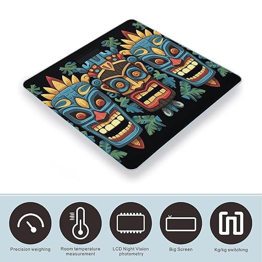 Colorful Tiki Mask Pattern Bathroom Scale Automatic Power On/Off Body Scales LCD Backlight Display Square Digital Scale Rounded Corners Bathroom Scales for Home Bedrooms