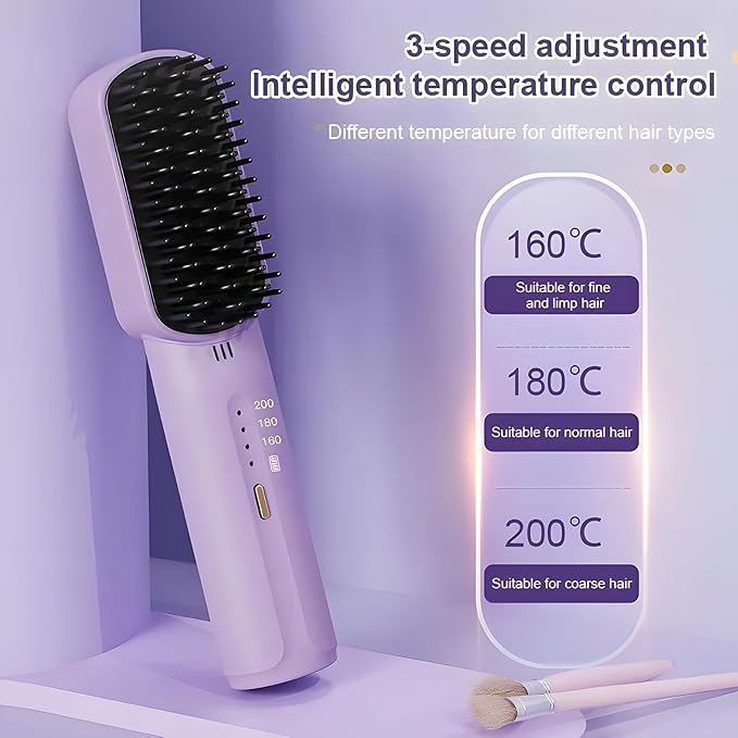 Portable Cordless Mini Hair Straightening Comb 2024 Hair Straightener Brush Frizz-Free Styling with Negative Ions USB Rechargeable Travel Hair Hot Comb for All Hair Types (2PCS-2600mAh Battery)