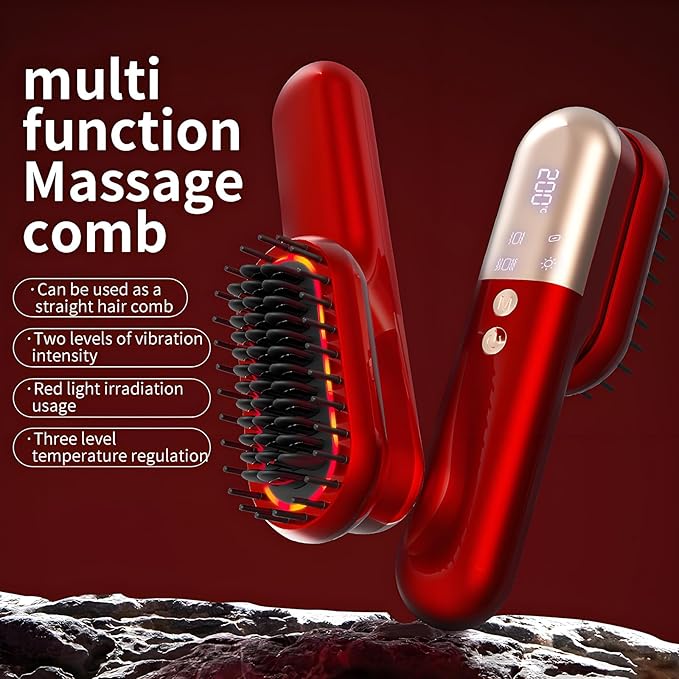Cordless Hair Straightener Brush 3-Temp Go Brush Pro Vibration Massage Red Light Therapy Dual-Function Comb for Women Fast Heating MCH Ceramic Frizz-Free Smooth Hair Styling (Red)