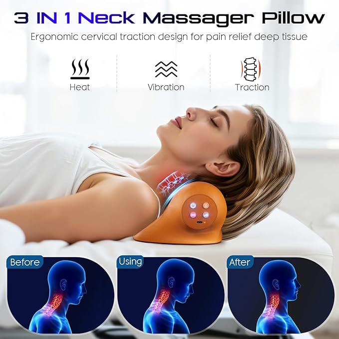 JDZ Neck Massager with Heat 3-in-1 Electric Cervical Massager for Pain Relief with Hot Compress Ergonomic Neck and Shoulder Relaxer Stretcher - ldeal Gift for Office Athletes Everyone etc. Brown