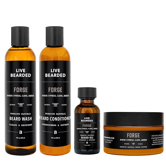 Live Bearded Complete Beard Grooming Kit Made in the USA with All-Natural Ingredients - Beard Wash Conditioner Beard Butter &amp Beard Oil Kit - Forge Scent Hinoki Cypress Clove &amp Amber