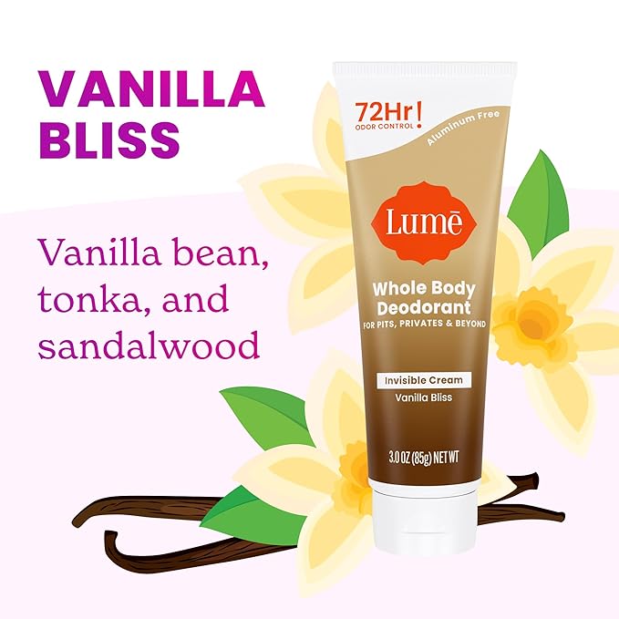 Lume Whole Body Deodorant - Invisible Cream Tube - 72 Hour Odor Control - Doctor Developed - Aluminum Free Baking Soda Free and Skin Loving - 3.0 Ounce (Pack of 2) (Vanilla Bliss)