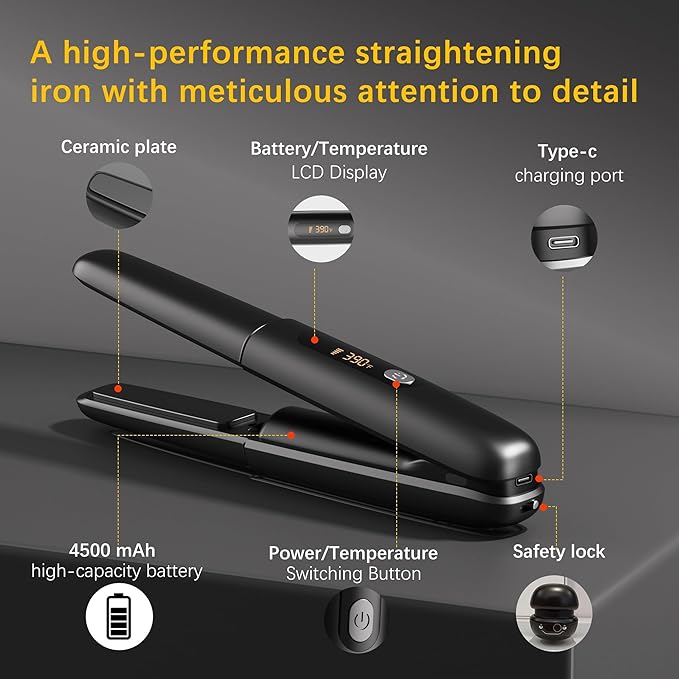 Cordless Hair Straightener Curler 2 in 1 Ceramic Flat Iron Mini Portable Fast Heating 30s 4500mAh Battery 4 Temp Adjustments LCD Display USB Rechargeable for Women Men with Pouch (Black White)