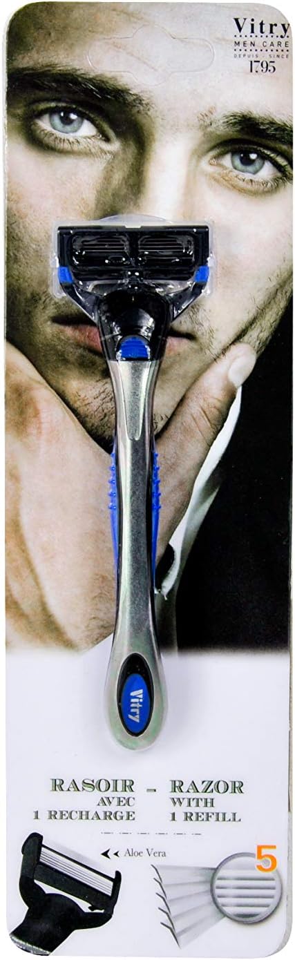 Vitry 5 Blade Men's Razor Blue 5 Blades Swivel Head Lubricating Strip with Aloe Vera