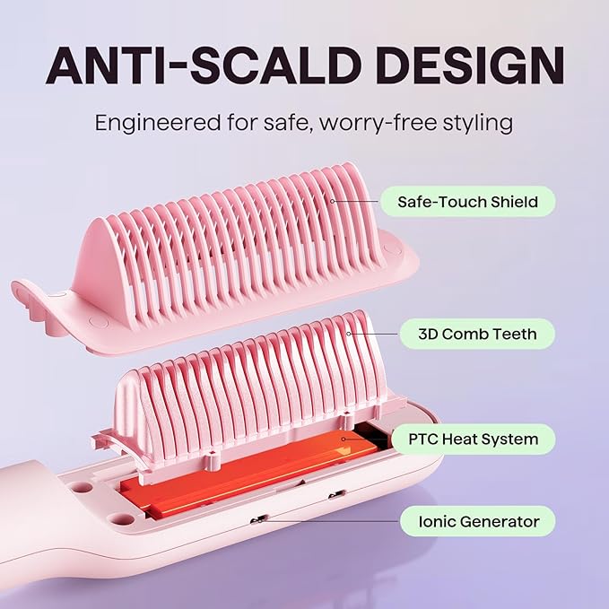 Wavytalk Hair Straightener Brush Sleek Sweep Ionic Straightening Brush Anti-Scald Ceramic Straightener Comb with LED Display for Super Smooth Hair Dual Voltage Pink.