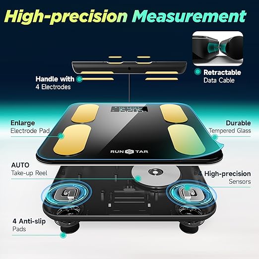 RunStar Scale for Body Weight and Fat BMI Muscle Mass to 28 Body Composition FSA&ampHSA Eligible Digital Bathroom Scales 8-Electrode with Voice Prompt High Accurate Bluetooth Weight Scale Gold