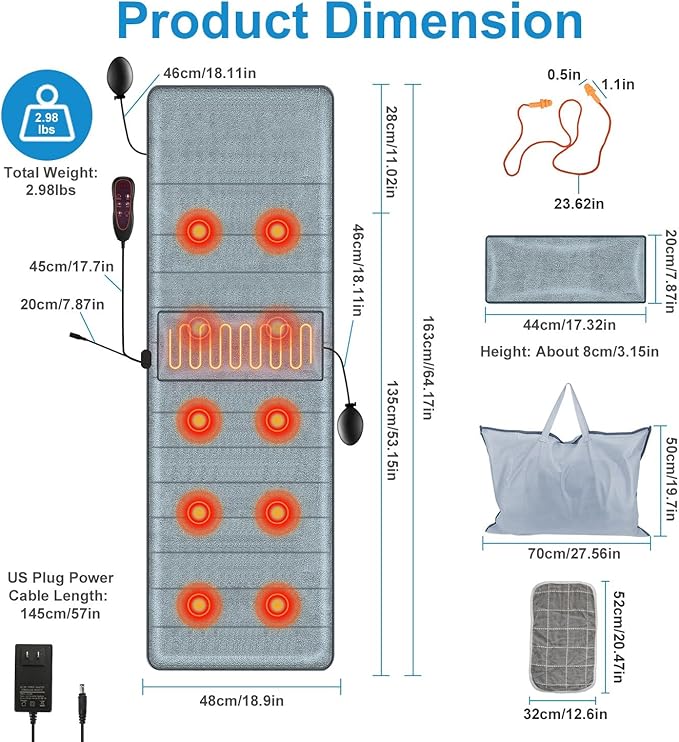 Moclever Full Body Massage Mat with Heat - 10 Motors 3 Heat Pads 9 Modes for Back &amp Leg Pain Relief - Electric Massage Pad with Lumbar Pillow