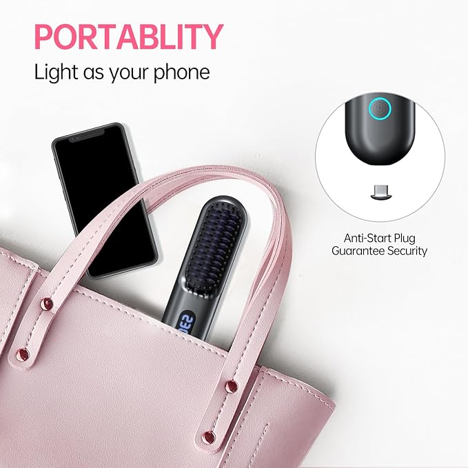 Cordless Hair Straightener Brush-Portable Straightening Comb 9600mAh Batt Plasma Tech 9 Temp-Settings &amp LED Display for Travel &amp Home (Grey)